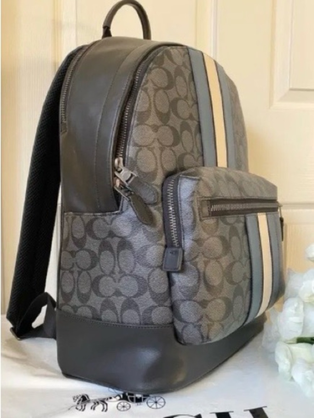 Coach Gray Monogram Backpack with Cream and Blue Stripe